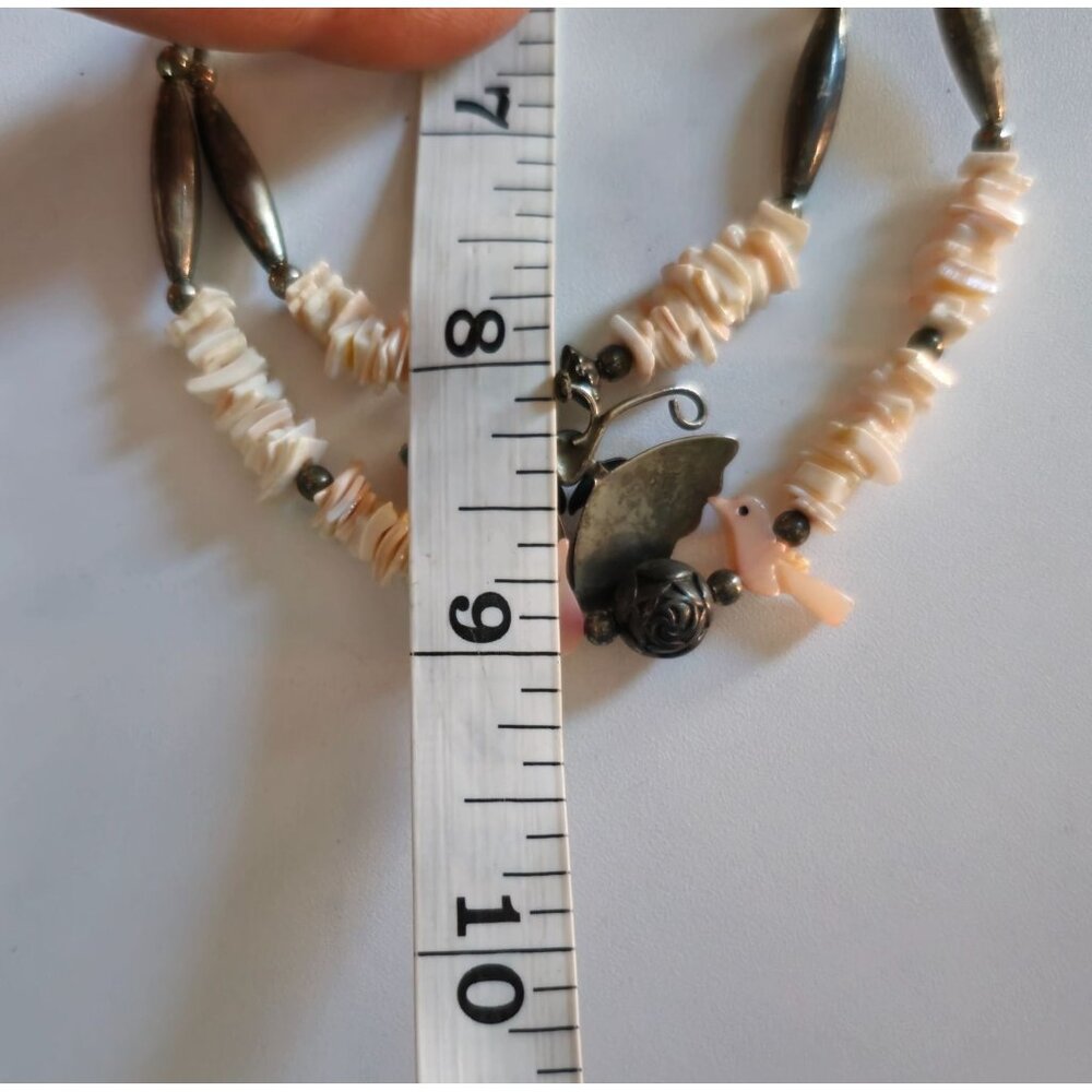 VTG Sterling Silver Double Strand MOP Fetish Bird Butterfly Pendant Necklace 16" - Picture 11 of 11